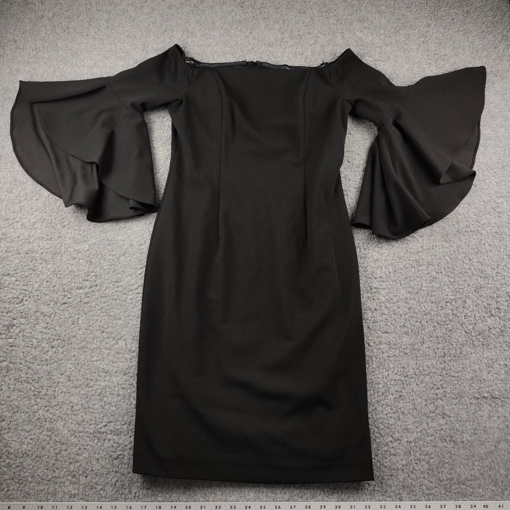 Calvin Klein Dress Sz 6 Off Shoulder Tiered Bell Sleeve Black Sheath EUC